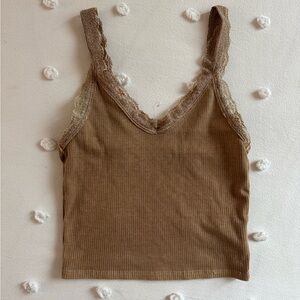 American Eagle Outfitters Tan Lace Trim Crop Top